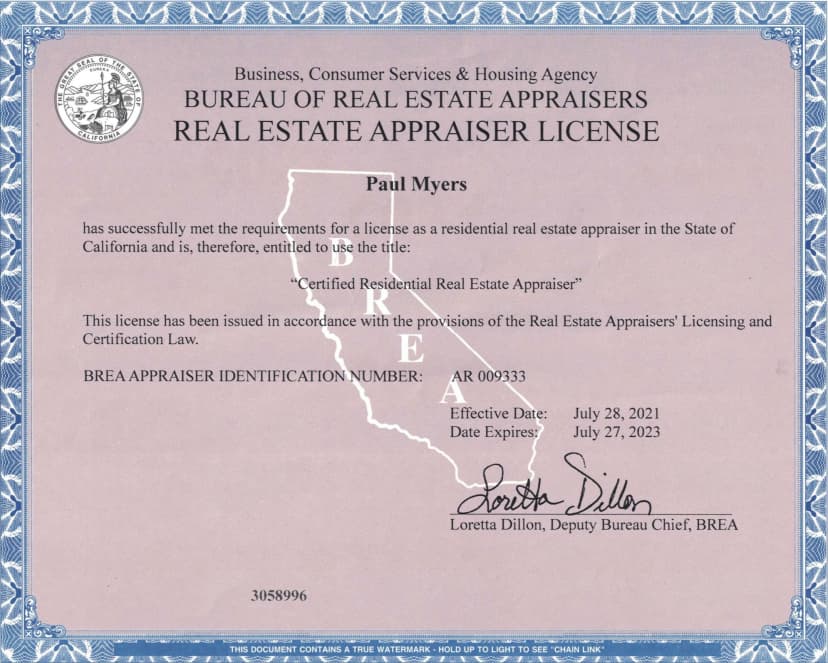 Paul Myers California BREA Appraiser License #AR009333